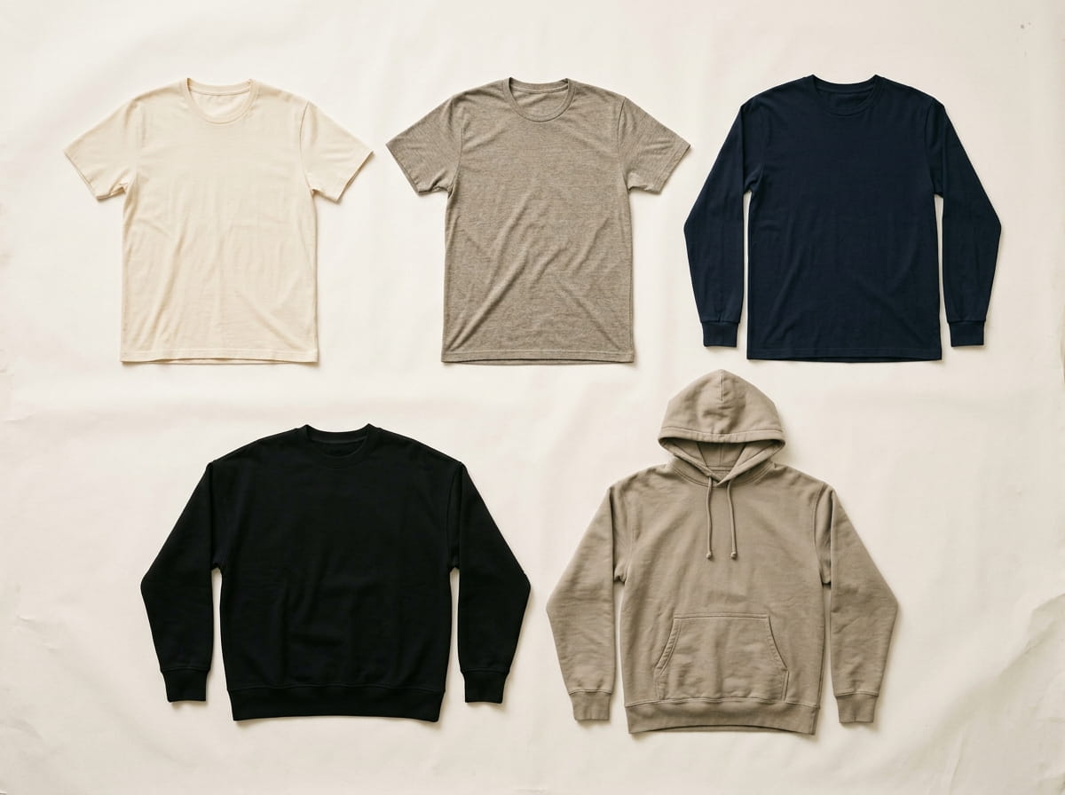Bella + Canvas range — Unisex Jersey Tee, Tri-Blend Tee, Long Sleeve Tee, Drop Shoulder Sweatshirt, and Sponge Fleece Hoodie in a 3-2 grid flat-lay