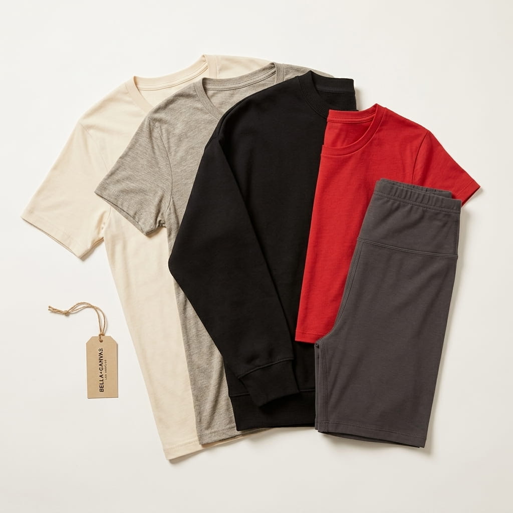 Bella + Canvas 5-piece flat-lay — 3001 Unisex Jersey Tee, Tri-Blend Tee, Drop Shoulder Sweatshirt, Women's Crop Tee, and High Waist Biker Short on a clean studio background