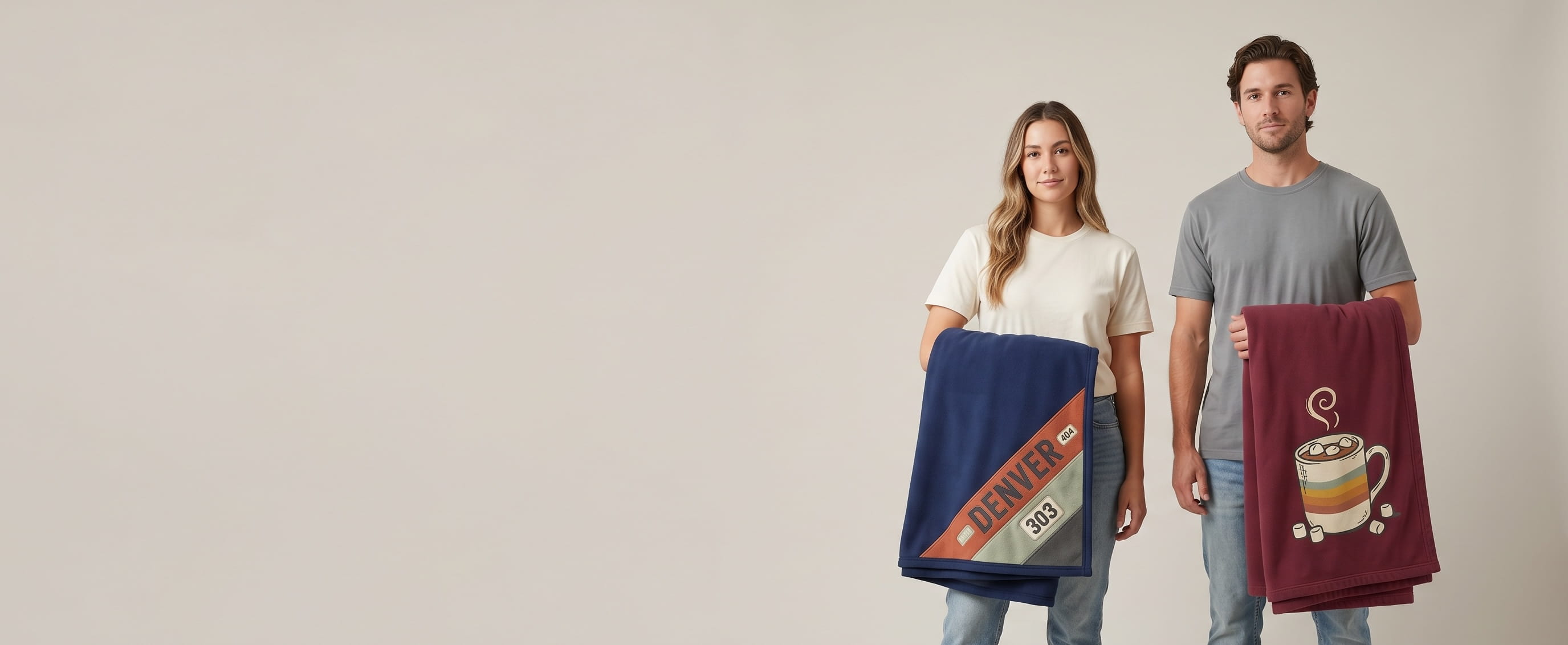 One woman + one man lifestyle models on a warm-grey studio backdrop, each holding one decorated folded blanket over the forearm with the decorated corner facing camera — one navy stadium fleece blanket with a heritage woven city-code patch composition + one burgundy garment-dyed fleece dorm blanket with a hand-painted vintage cozy screen-print composition