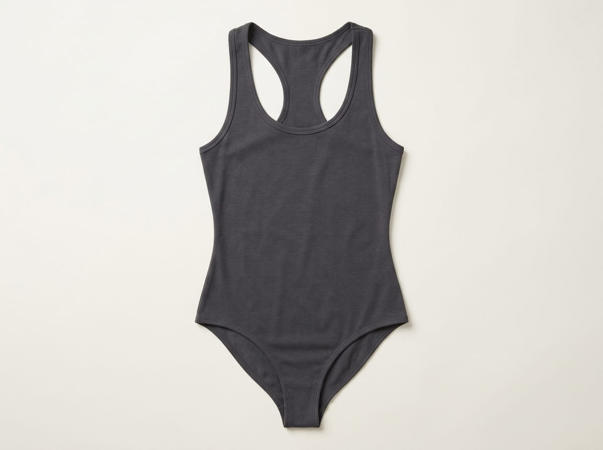 Custom bodysuit anatomy — racerback / sleeveless neckline, front chest panel, sleeveless armhole, body-hugging cotton-spandex stretch, smooth tapered hip / crotch panel