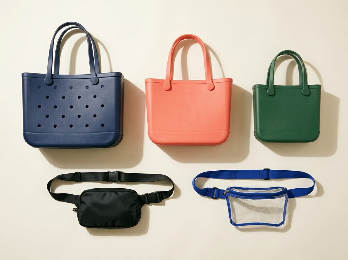 Bogg range — Original tote, Baby tote, Bitty tote, Belt Bag, and Stadium Belt Bag in a 3-2 grid flat-lay
