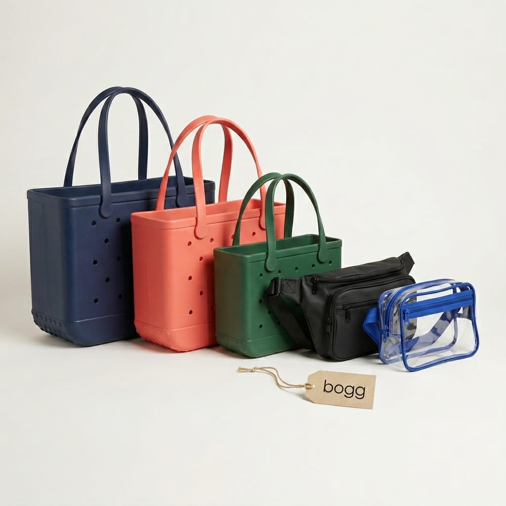 Bogg 5-bag flat-lay — Original tote, Baby tote, Bitty tote, Belt Bag, and Stadium Belt Bag on a clean studio background