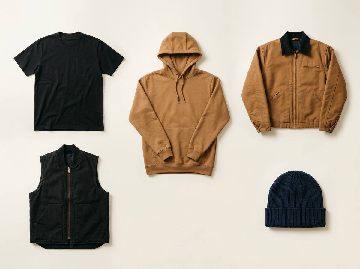 Carhartt range — Workwear Pocket Tee, Midweight Hooded Sweatshirt, Duck Detroit Jacket, Duck Vest, and Watch Hat Beanie in a 3-2 grid flat-lay