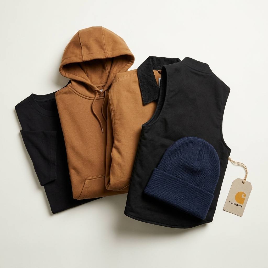 Carhartt 5-piece flat-lay — Workwear pocket tee, midweight hooded sweatshirt, duck Detroit jacket, duck vest, and watch-hat beanie on a clean studio background