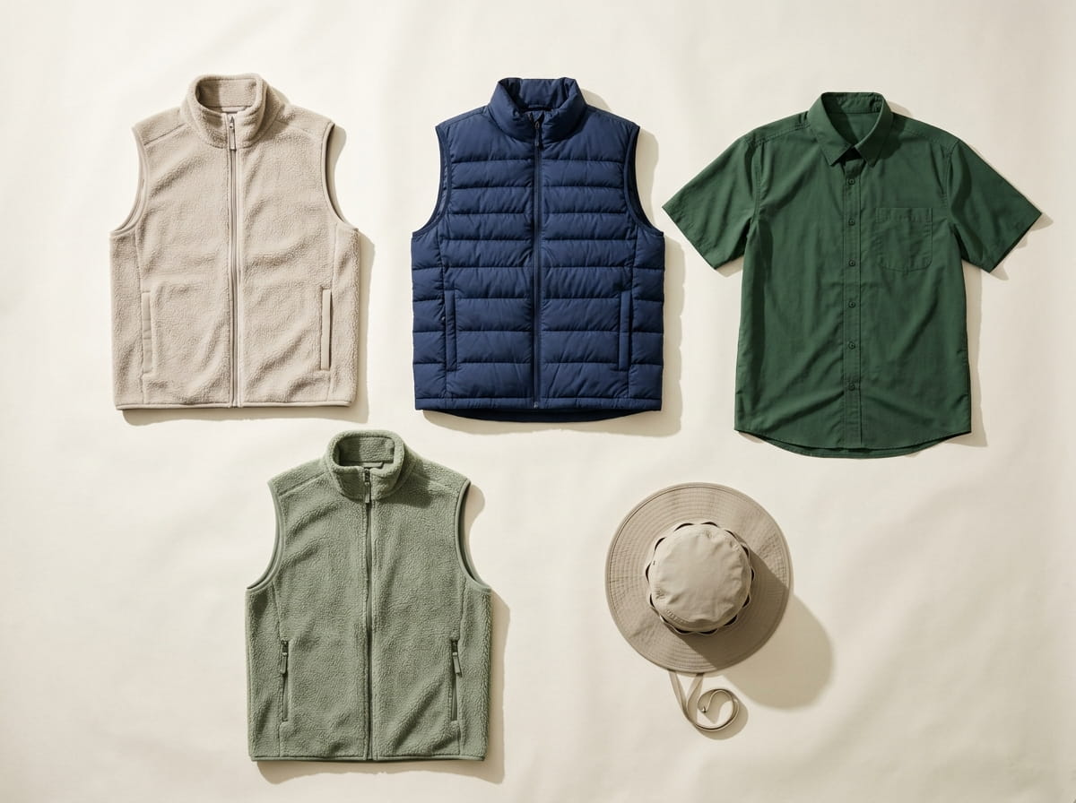 Columbia range — Steens Mountain Fleece Vest, Powder Lite Insulated Vest, PFG Performance Fishing Shirt, Benton Springs Fleece Vest, and Bora Bora Booney Hat in a 3-2 grid flat-lay