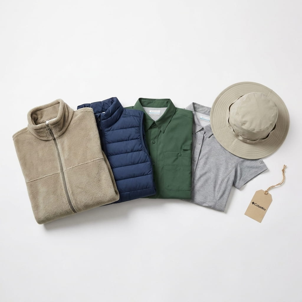 Columbia 5-piece flat-lay — MTR filament fleece vest, Powder Lite insulated vest, PFG performance fishing shirt, women's PFG fishing shirt, and Bora Bora booney hat on a clean studio background
