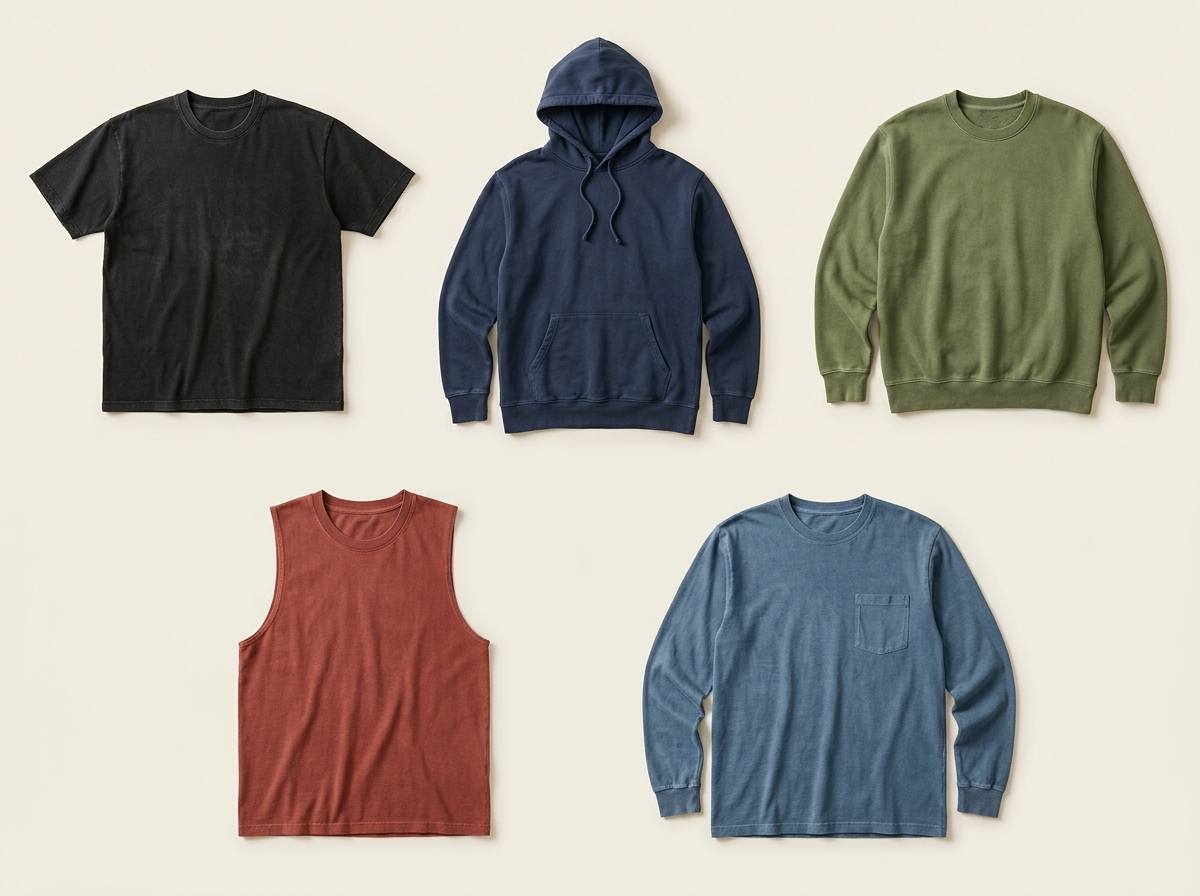 Comfort Colors range — Garment-Dyed Heavyweight Tee, Garment-Dyed Hoodie, Fleece Crewneck, Heavyweight Tank, and Long-Sleeve Pocket Tee in a 3-2 grid flat-lay