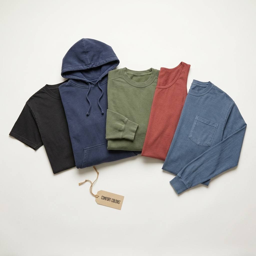 Comfort Colors 5-piece flat-lay — garment-dyed heavyweight tee, garment-dyed hoodie, fleece crewneck, heavyweight tank, and long-sleeve pocket tee on a clean studio background