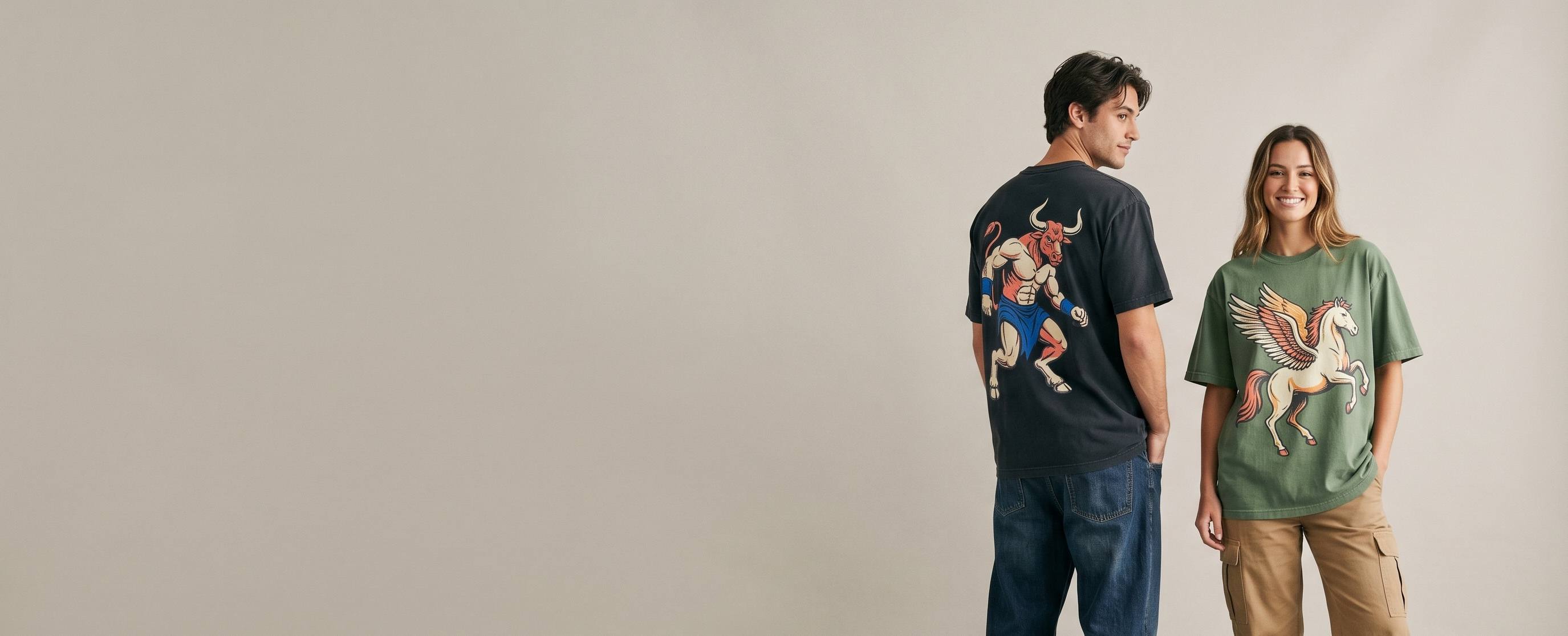 Two streetwear lifestyle models wearing decorated Comfort Colors — a full-back minotaur plastisol screen print on the man's washed-black garment-dyed heavyweight tee and a full-chest pegasus full-color DTG on the woman's washed-moss garment-dyed heavyweight tee