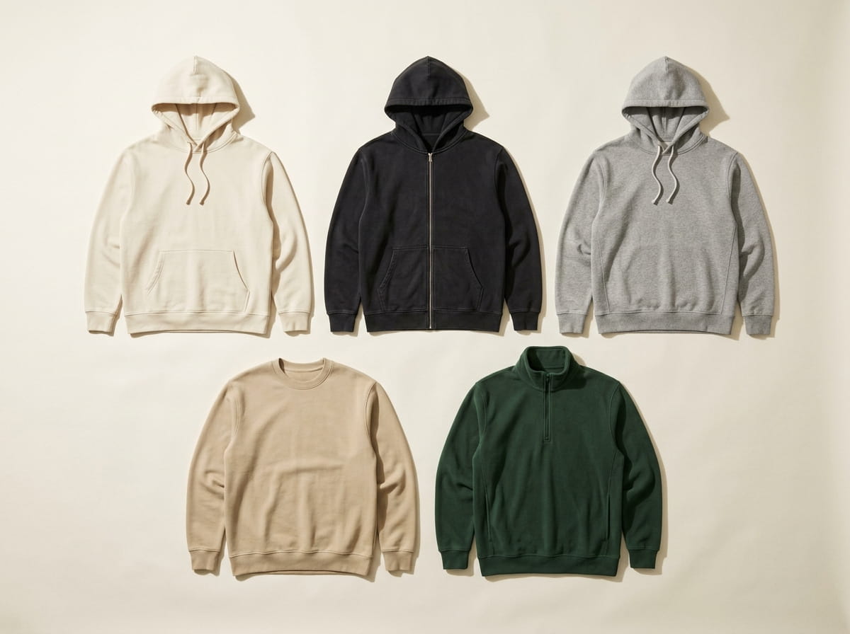 Cotton Heritage range — Premium Pullover Hoodie, Premium Full-Zip Hoodie, French Terry Hoodie, Premium Crewneck Sweatshirt, and Quarter-Zip Pullover in a 3-2 grid flat-lay