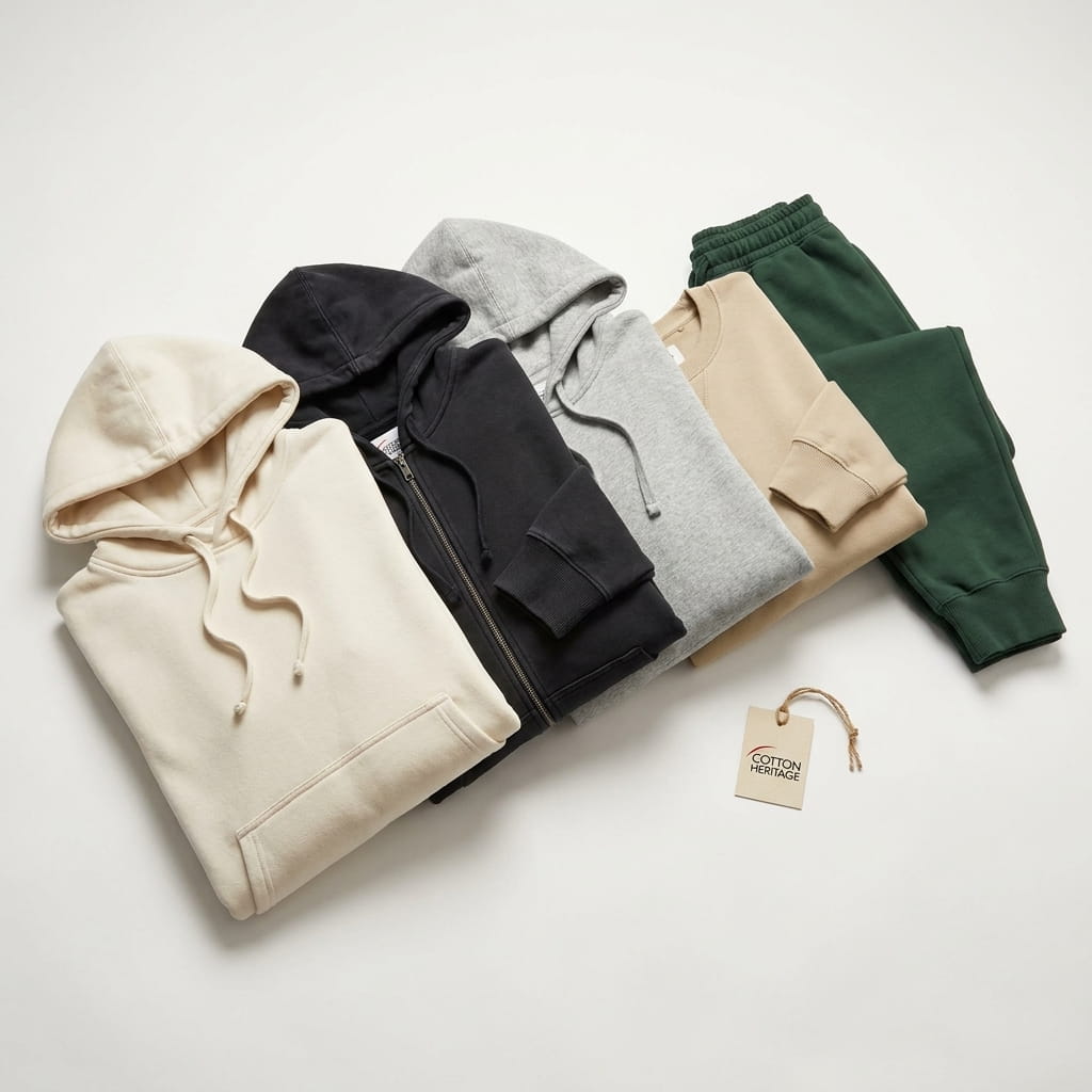 Cotton Heritage 5-piece flat-lay — premium brushed-fleece pullover hoodie, premium full-zip hoodie, French terry hoodie, premium crewneck sweatshirt, and premium jogger on a clean studio background