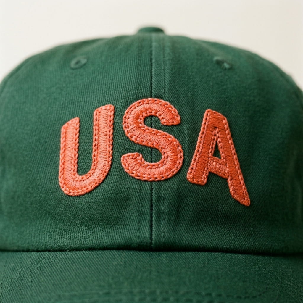 Bold computerized chain stitch lettering on a cap