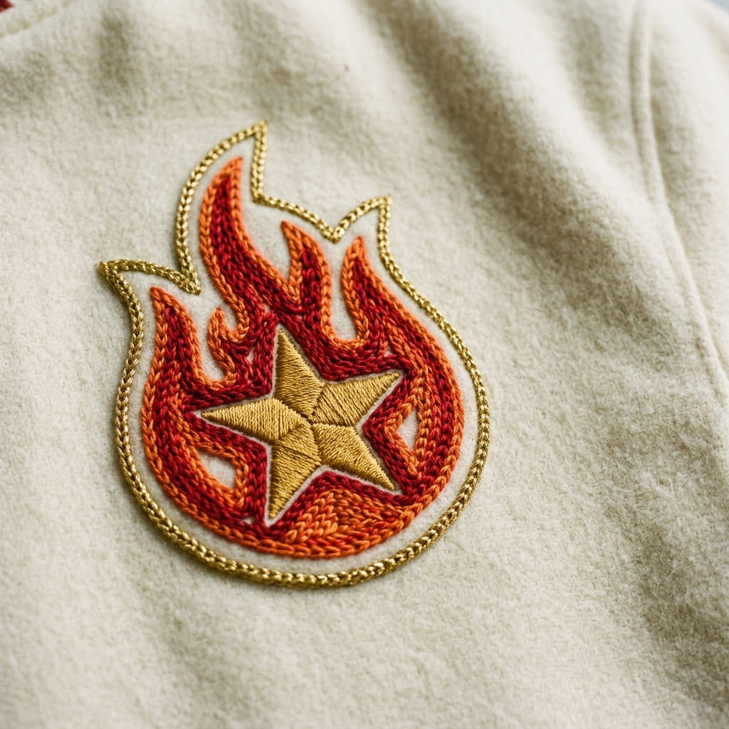 Bold multi-color chain stitch emblem with metallic thread