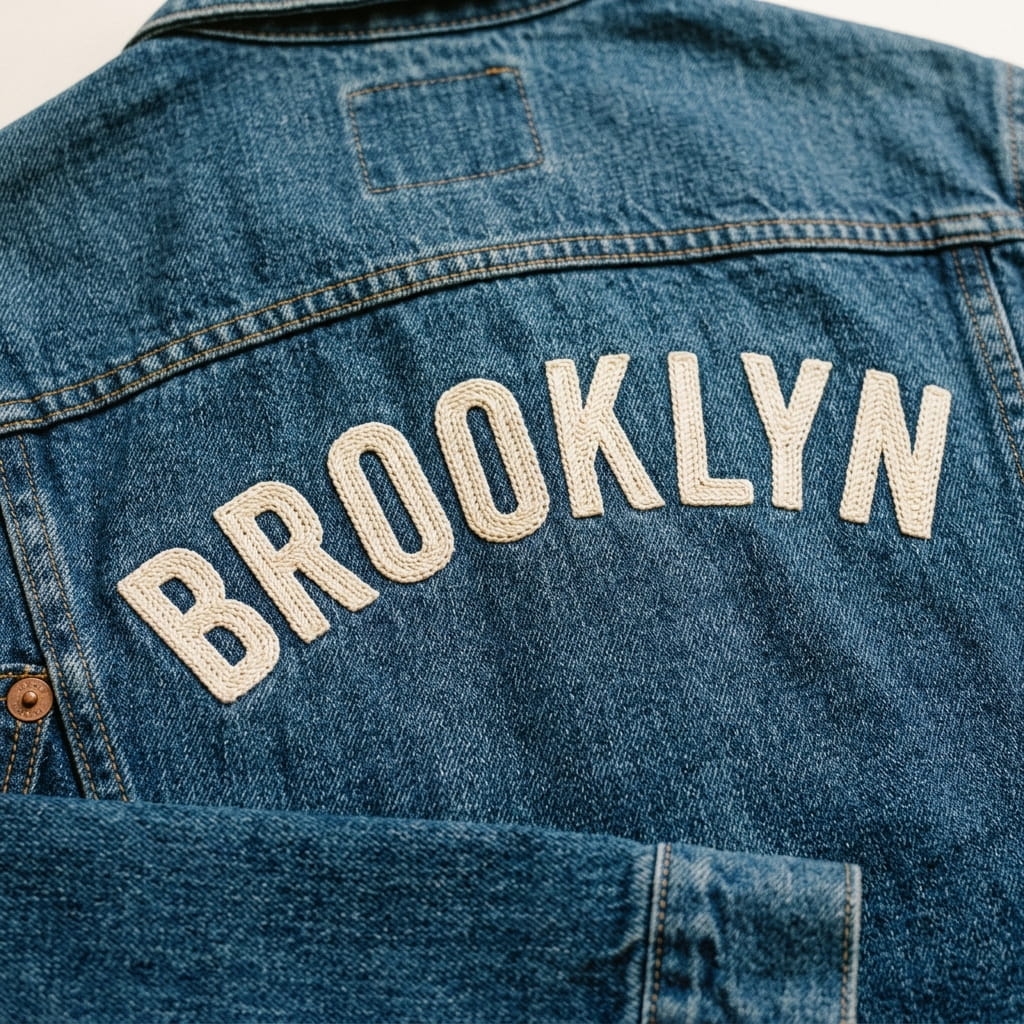 Chain stitch embroidery on denim