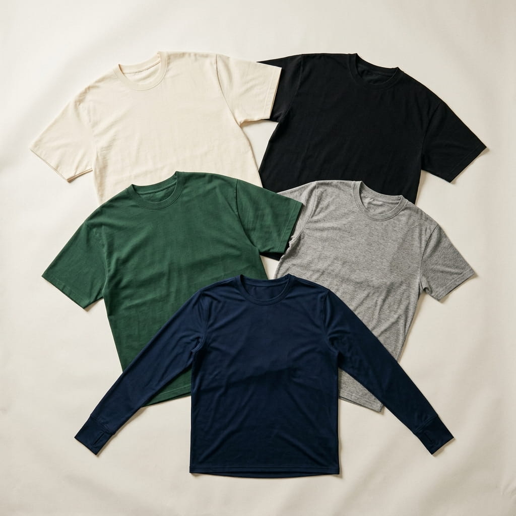 Five premium tee silhouettes flat-laid on a clean studio background — heavyweight cream ringspun, black garment-dyed, forest-green oversized ringspun, heather-grey fine jersey, and navy performance long-sleeve