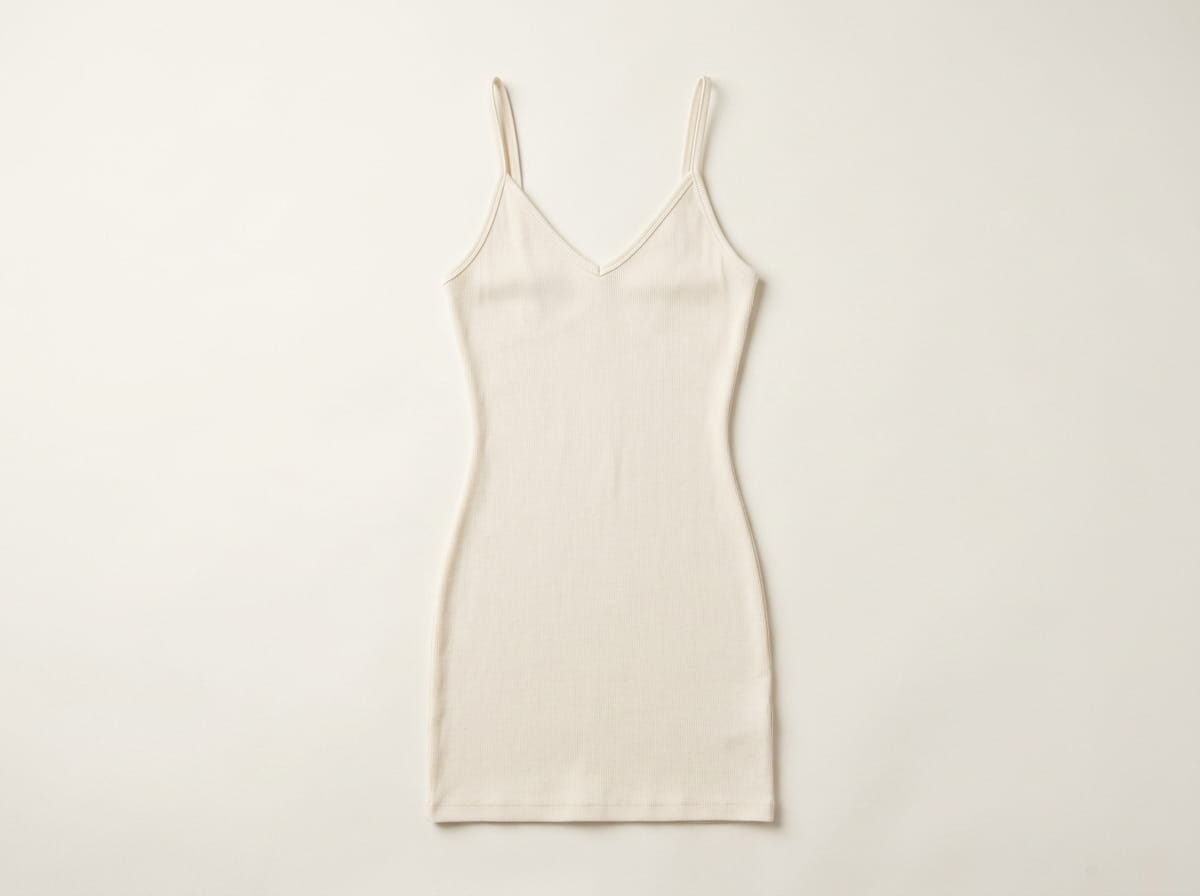 Custom dress anatomy — spaghetti-strap / racerback / crewneck neckline, front chest panel, armhole opening, body-hugging cotton-rib construction, mini / midi hemline