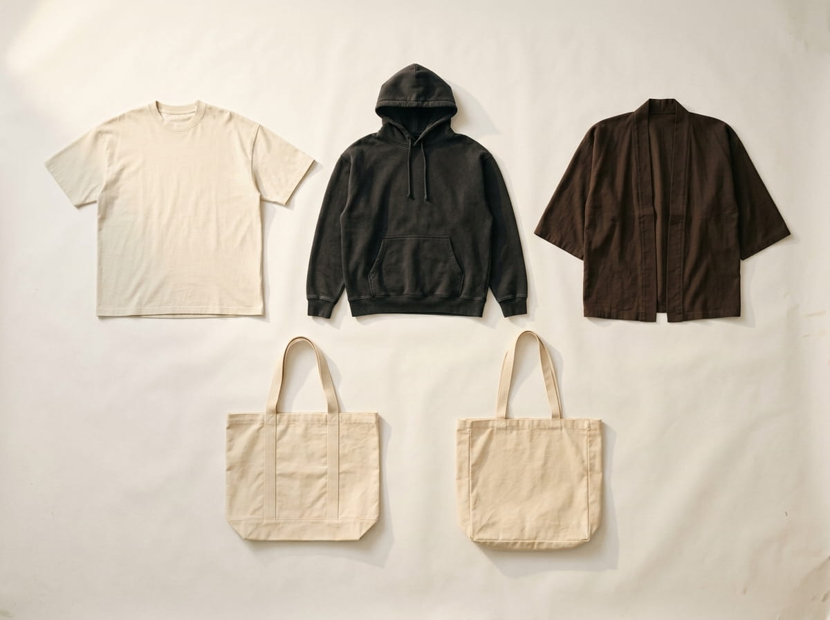 DTLA Print range — Oversized Classic Tee, Oversized Classic Hoodie, Traditional Haori, Cotton-Canvas Tote, and Cotton-Canvas Market Bag in a 3-2 grid flat-lay