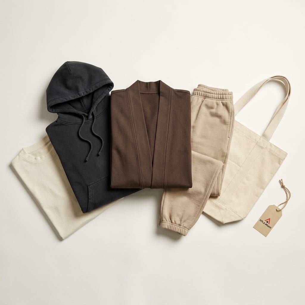 DTLA Print 5-piece flat-lay — oversized cotton tee, oversized fleece hoodie, traditional open-front haori, classic sweatpant, and cotton-canvas tote on a clean studio background