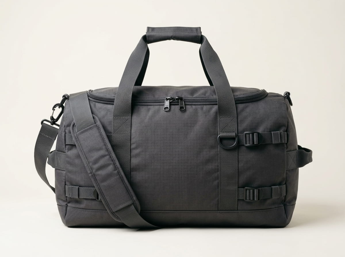 Custom duffel bag anatomy — twin webbing handles, removable shoulder strap, front panel, YKK main zipper + side panels, and end-cap reinforced base