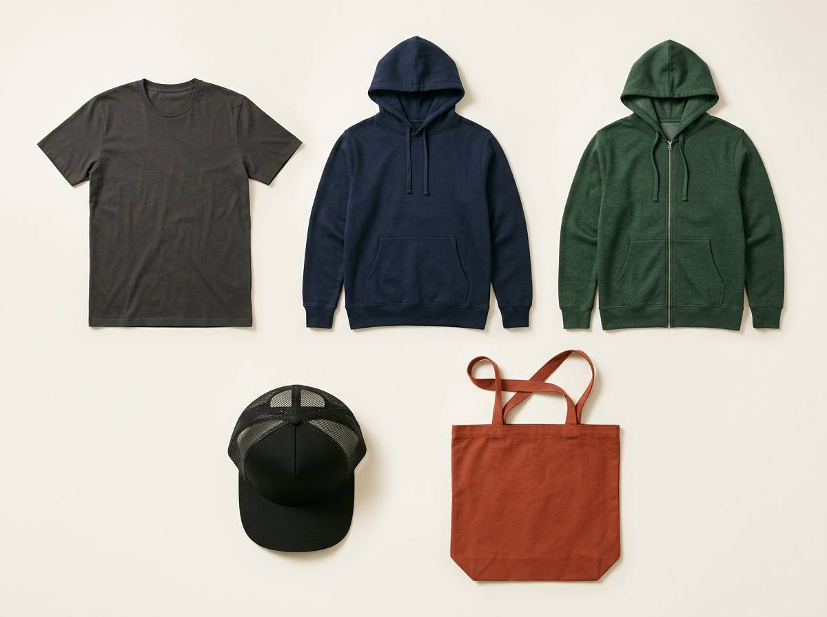 econscious range — Organic Cotton Tee, Pullover Hoodie, Heathered Full-Zip, Eco Trucker Cap, and Everyday Tote in a 3-2 grid flat-lay