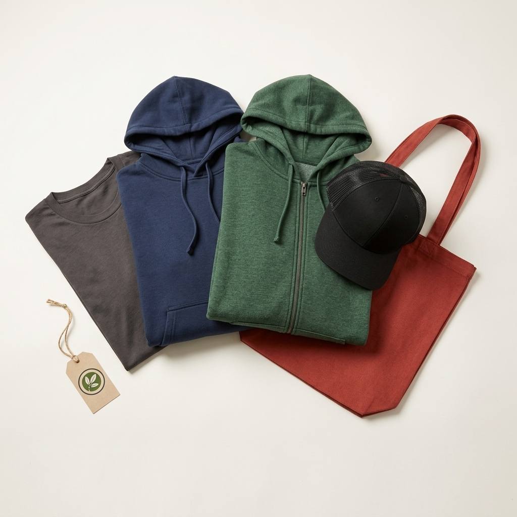 econscious 5-piece flat-lay — organic cotton tee, organic/recycled pullover hoodie, heathered fleece full-zip, eco trucker cap, and everyday tote on a clean studio background