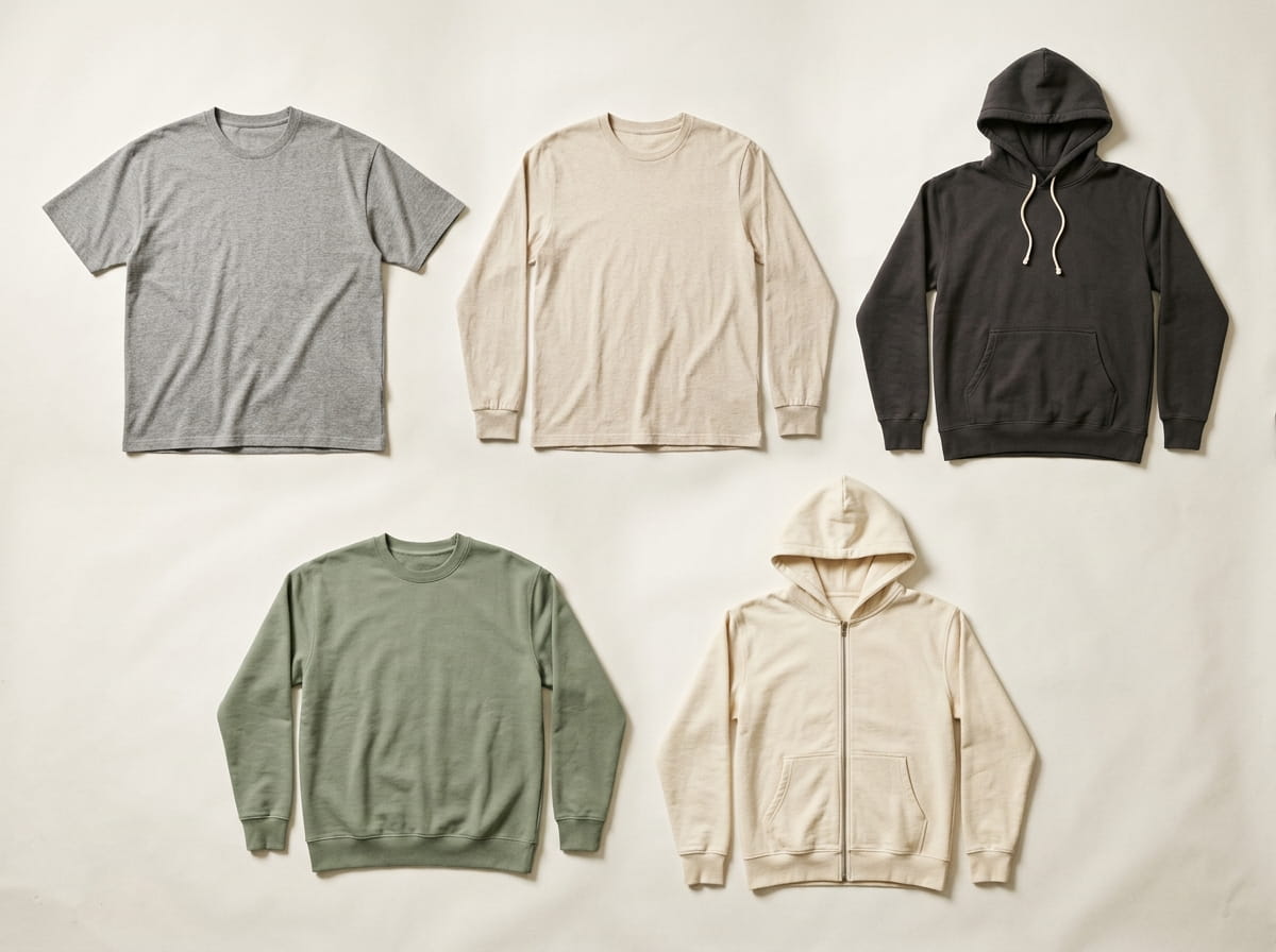 Everybody World range — Boxier Trash Tee, Long Sleeve Trash Tee, Trash Hoodie, Trash Crewneck, and Trash Zip-Up Hoodie in a 3-2 grid flat-lay