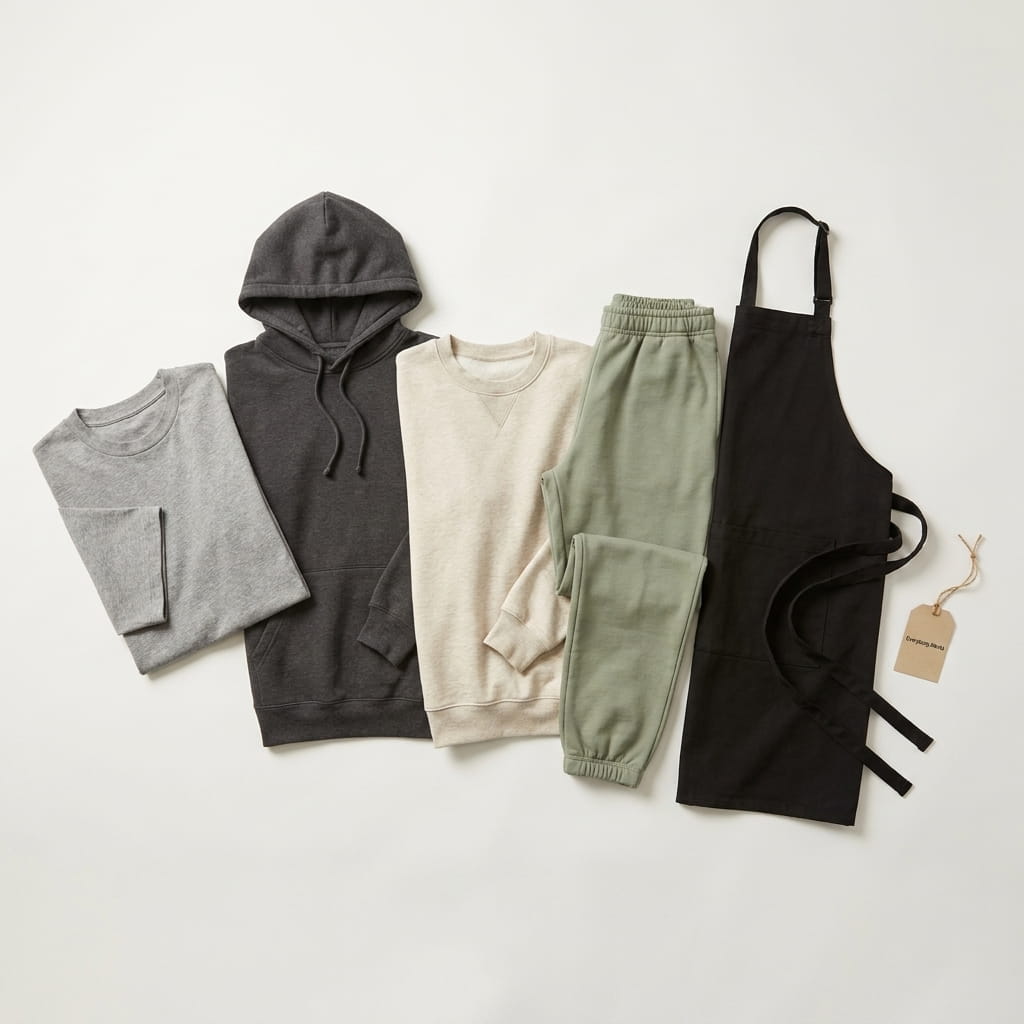 Everybody World 5-piece flat-lay — recycled-cotton Trash tee, Trash hoodie, Trash crewneck, Trash sweatpant, and cotton-twill adjustable apron on a clean studio background