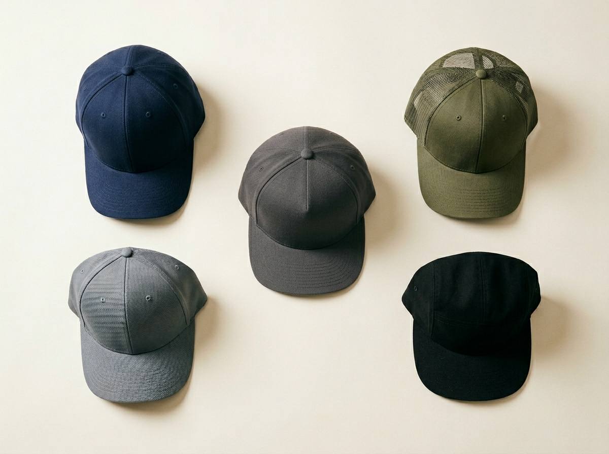 Flexfit range — Flexfit Fitted Cap, One Ten Snapback, Mesh-Back Trucker, Cool & Dry Cap, and Five-Panel Cap in a 3-2 grid flat-lay