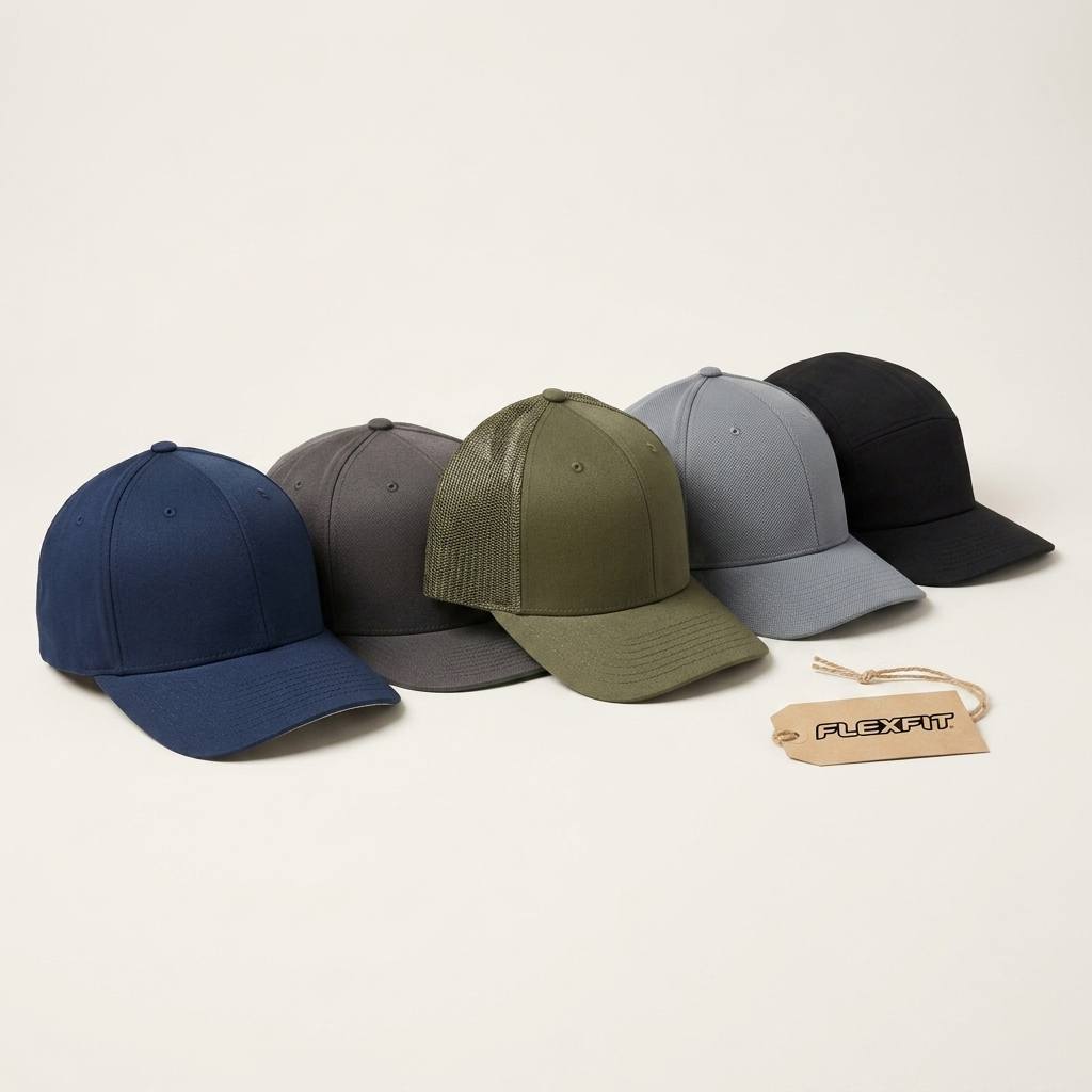 Flexfit 5-cap flat-lay — Flexfit fitted cap, One Ten snapback, mesh-back trucker, performance Cool & Dry cap, and five-panel cap on a clean studio background