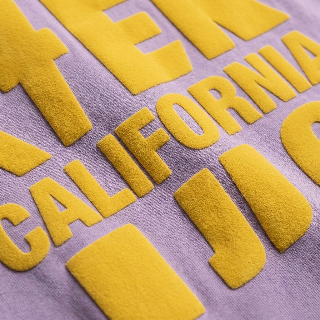 Plush velvet flocking detail on a cotton garment