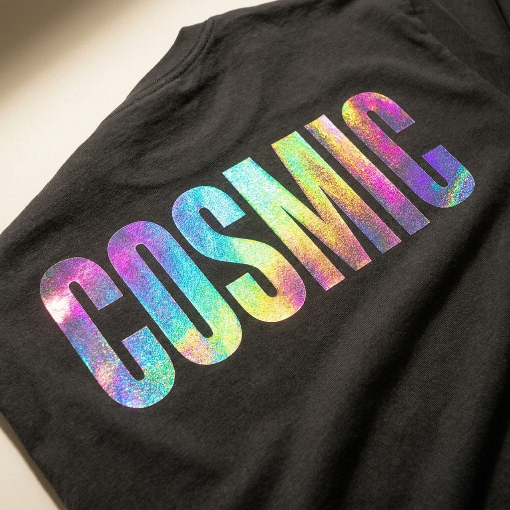 Holographic rainbow foil print on a black tee
