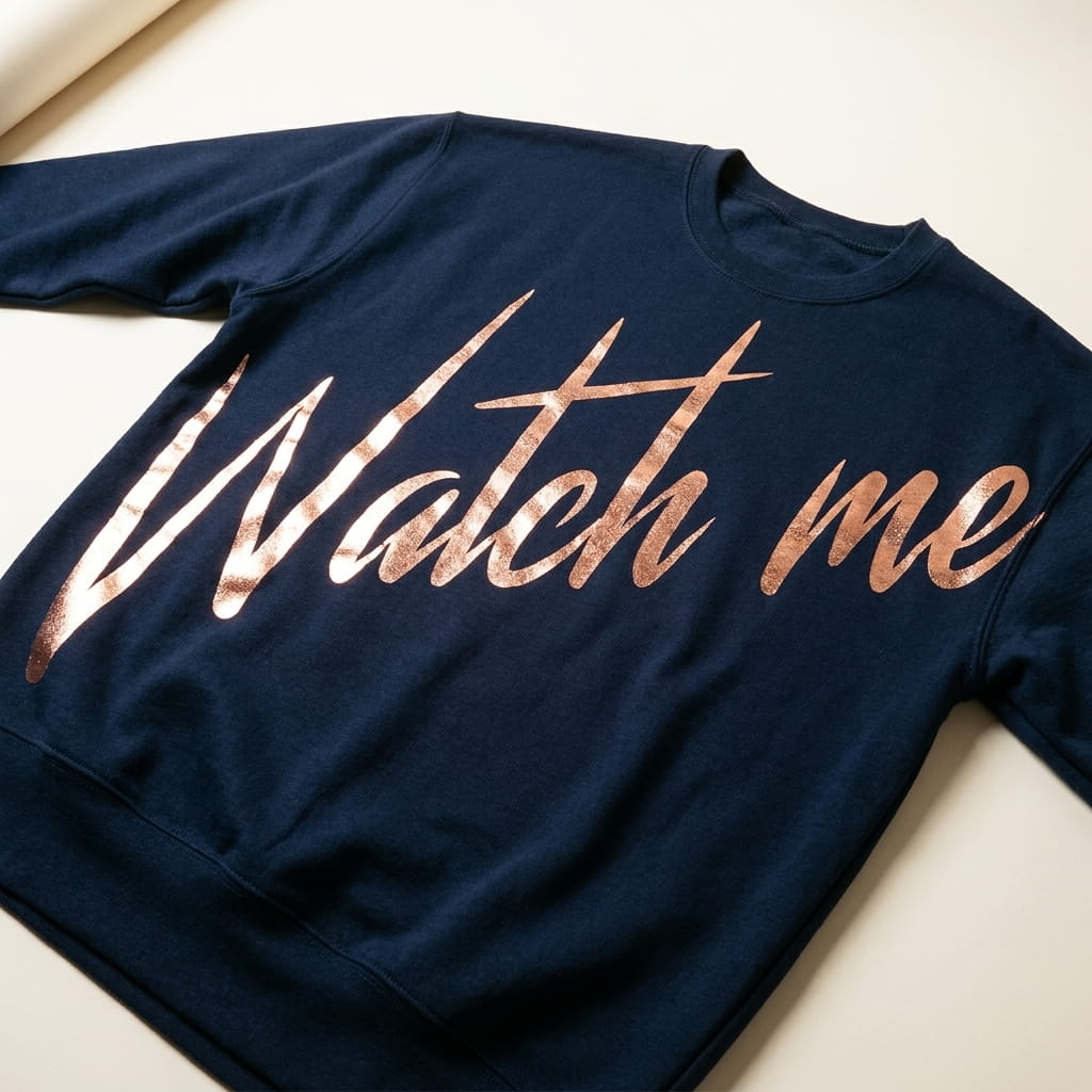 Rose-gold foil script print on a navy crewneck