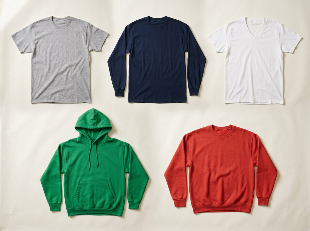 Fruit of the Loom range — HD Cotton Tee, Long-Sleeve Tee, V-Neck Tee, Sofspun Pullover Hoodie, and Sofspun Crewneck Sweatshirt in a 3-2 grid flat-lay