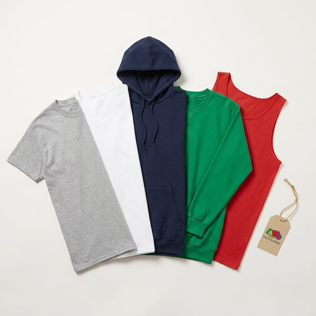 Fruit of the Loom 5-piece flat-lay — HD Cotton tee, V-neck tee, Sofspun pullover hoodie, Sofspun crewneck sweatshirt, and a cotton tank top on a clean studio background