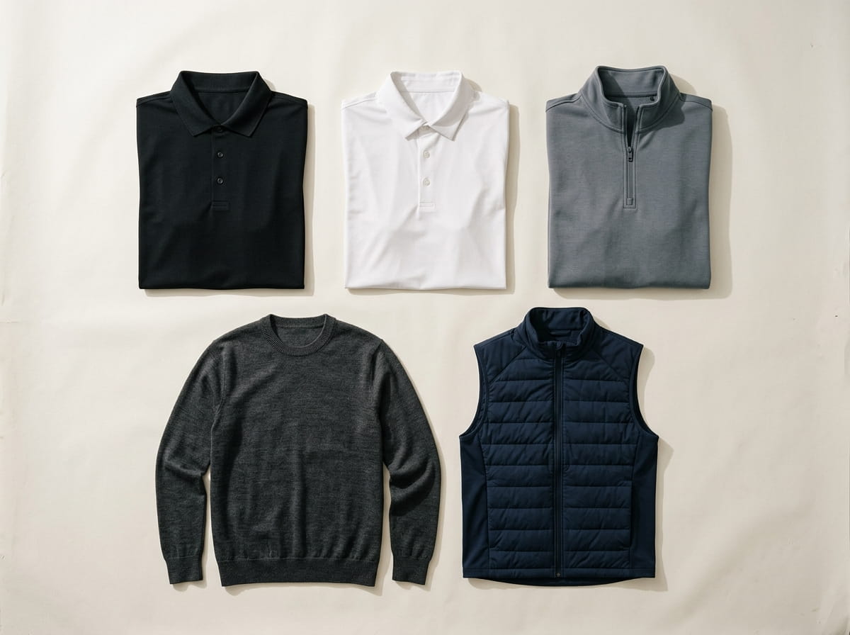 G Fore range — Performance Pique Polo, Silky Tech Nylon Polo, Brushed-Back Tech Terry Quarter-Zip, Merino Crewneck Sweater, and Maverick Hybrid Stretch Vest in a 3-2 grid flat-lay