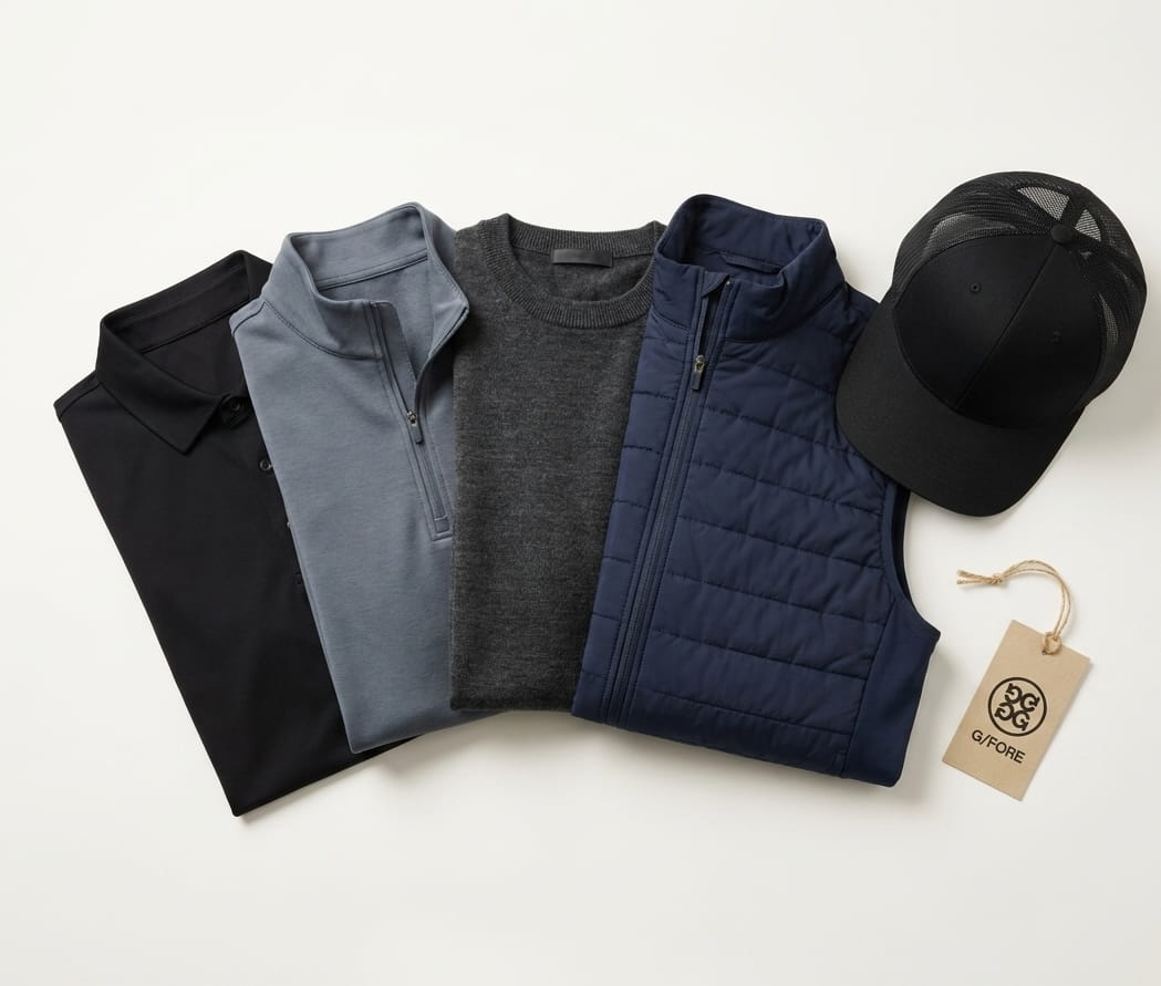 G Fore 5-piece flat-lay — performance pique polo, brushed-back tech terry quarter-zip, merino crewneck sweater, Maverick hybrid stretch vest, and Quick Turn cap on a clean studio background