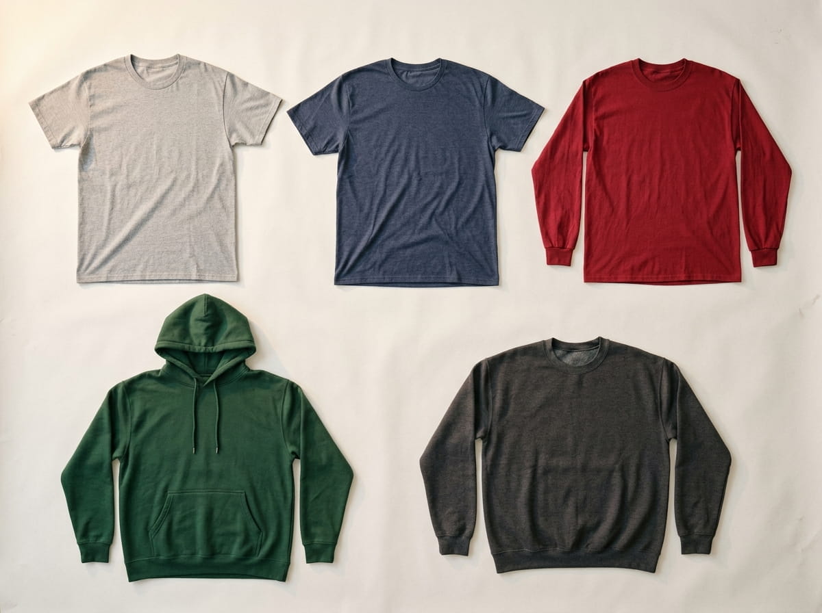Gildan range — Heavy Cotton Tee, Softstyle Tee, Ultra Cotton Long-Sleeve Tee, Heavy Blend Hooded Sweatshirt, and Heavy Blend Crewneck Sweatshirt in a 3-2 grid flat-lay