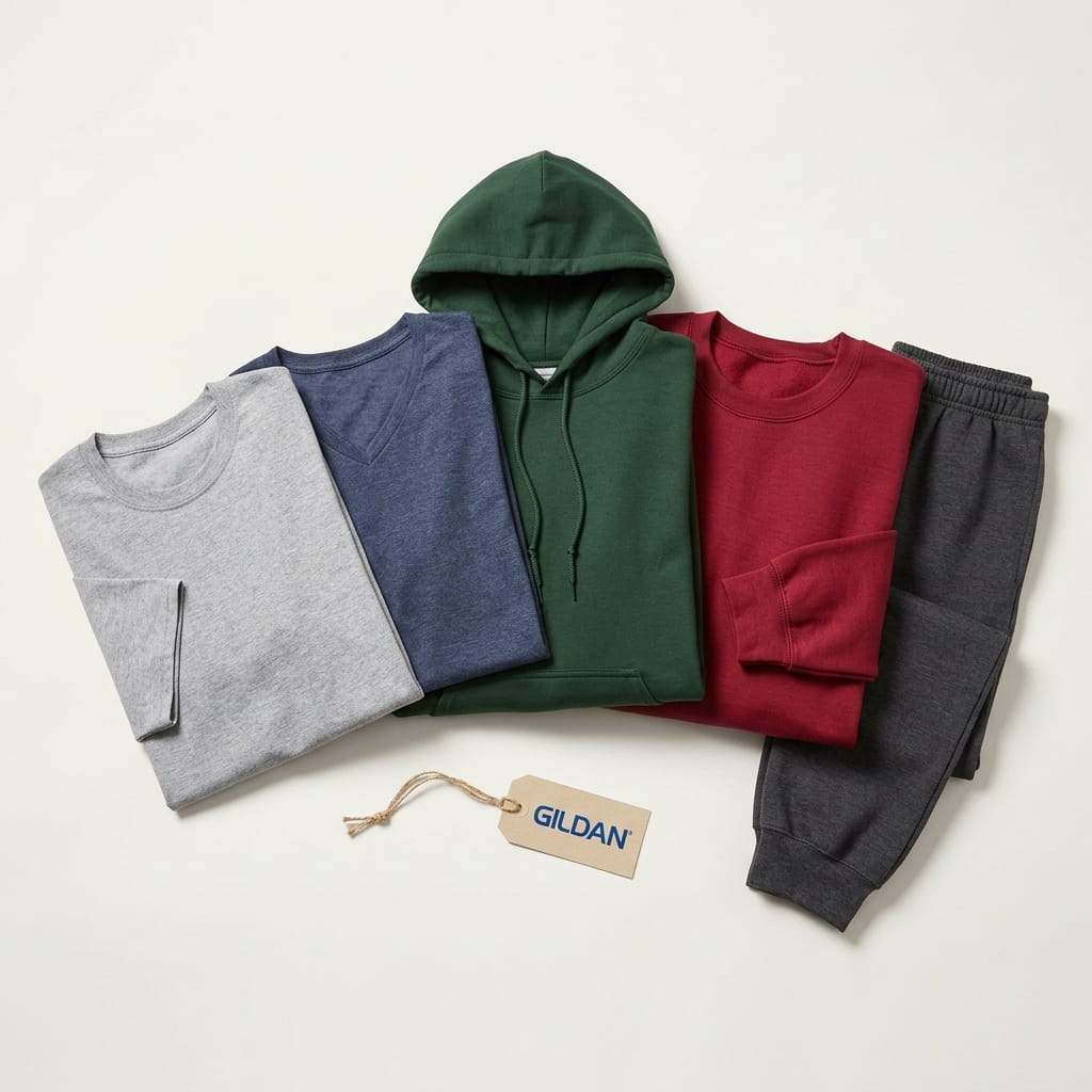 Gildan 5-piece flat-lay — Heavy Cotton tee, Softstyle V-neck tee, Heavy Blend pullover hoodie, Heavy Blend crewneck sweatshirt, and Heavy Blend sweatpant on a clean studio background