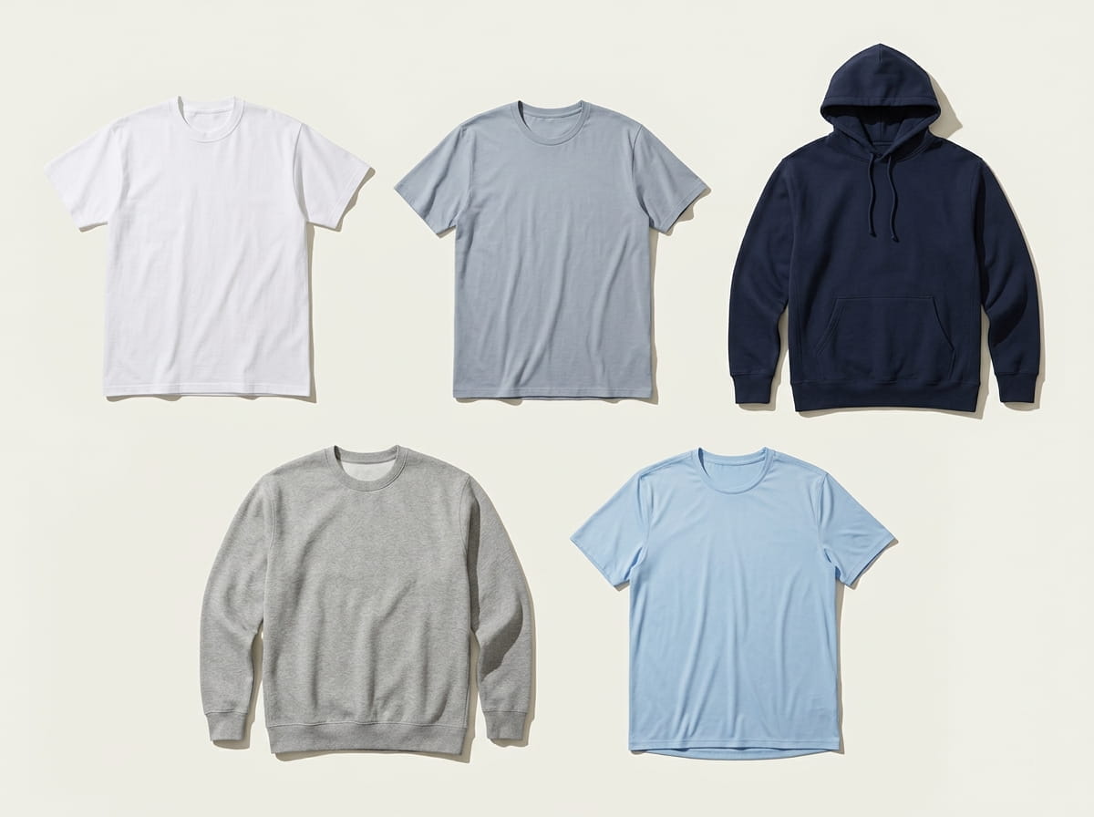 Hanes range — Beefy-T Heavyweight Cotton Tee, ComfortSoft Soft Ringspun Tee, Ultimate Cotton Pullover Hoodie, EcoSmart Crewneck Sweatshirt, and Cool Dri Performance Tee in a 3-2 grid flat-lay