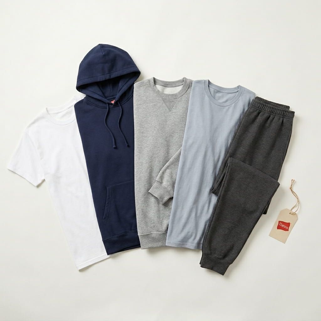 Hanes 5-piece flat-lay — Beefy-T heavyweight cotton tee, Ultimate Cotton heavyweight fleece pullover hoodie, EcoSmart recycled fleece crewneck, ComfortSoft soft ringspun tee, and EcoSmart sweatpant on a clean studio background