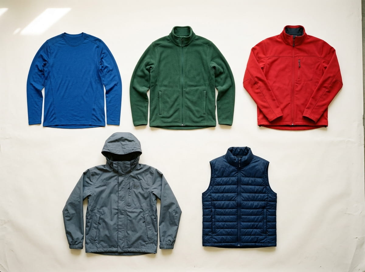 Helly Hansen range — LIFA Active Crew, Crew Technical Fleece, Crew Softshell Jacket, Helly Tech Rain Shell, and Crew Insulator Vest in a 3-2 grid flat-lay