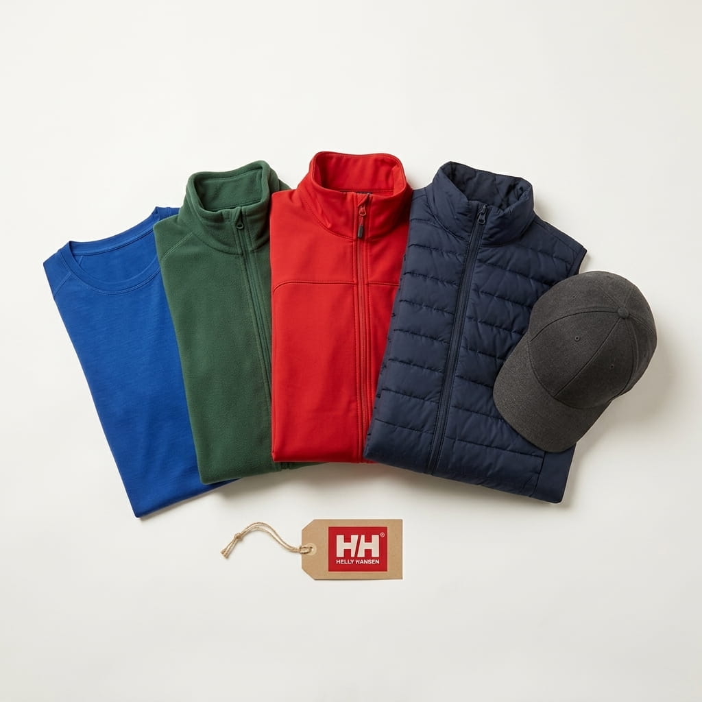 Helly Hansen 5-piece flat-lay — LIFA base-layer crew, Crew technical fleece jacket, Crew softshell jacket, Crew insulator vest, and crew cap on a clean studio background