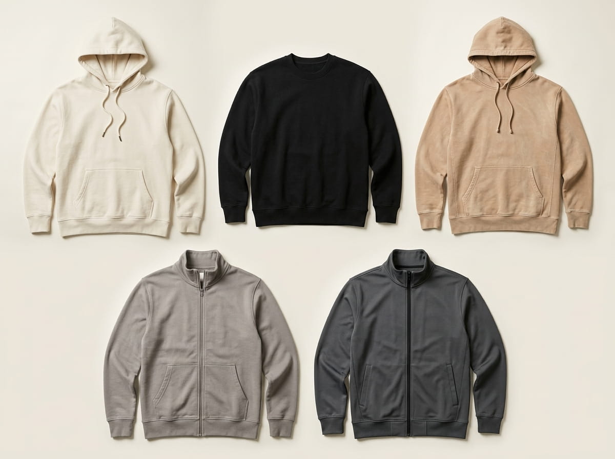 Independent Trading Co. range — Midweight Pullover Hoodie, Heavyweight Crewneck Sweatshirt, California Wave Wash Pullover Hoodie, French Terry Full-Zip Hoodie, and Poly-Tech Track Jacket in a 3-2 grid flat-lay