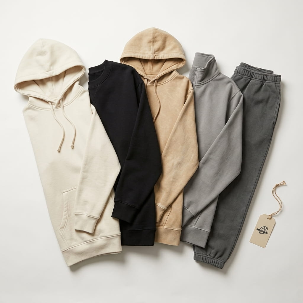 Independent Trading Co. 5-piece flat-lay — midweight pullover hoodie, heavyweight crewneck, California Wave Wash pullover hoodie, French Terry full-zip hoodie, and California Wave Wash sweatpant on a clean studio background