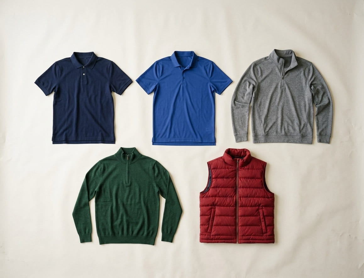 johnnie-O range — Original 4-Button Polo, Birdie Performance Polo, Spur Quarter-Zip, Raynor Quarter-Zip Sweater, and Crosswind Prep-formance Vest in a 3-2 grid flat-lay