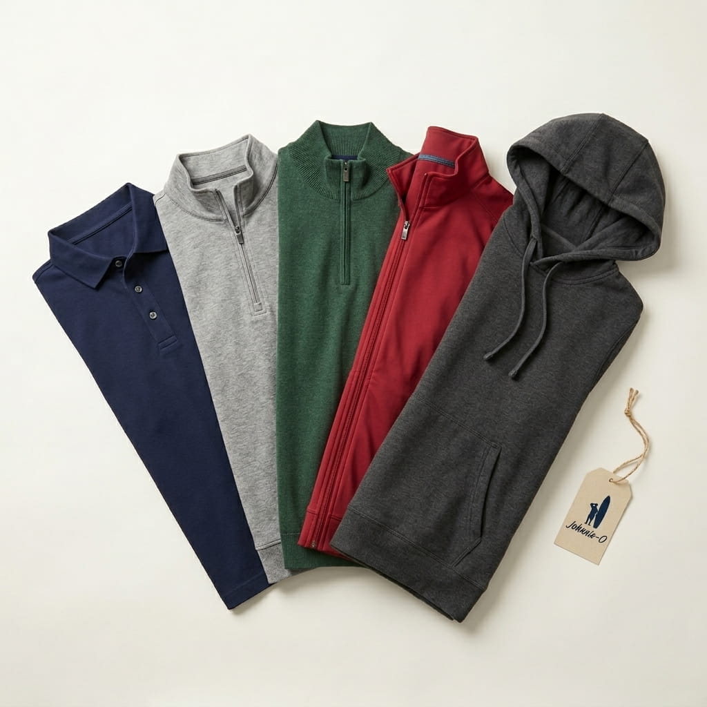 johnnie-O 5-piece flat-lay — Original prep pique polo, Spur quarter-zip, Raynor quarter-zip sweater, Crosswind vest, and Hybrid hoodie on a clean studio background