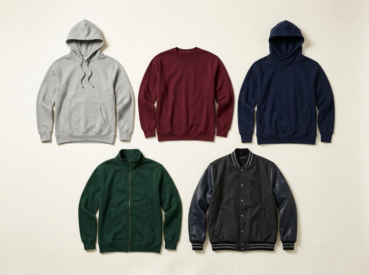 Just Hoods by AWDis range — Midweight College Pullover Hoodie, College Crewneck Sweatshirt, Heavyweight Cross-Over Neck Hoodie, Midweight College Full-Zip Hoodie, and Urban Letterman Jacket in a 3-2 grid flat-lay