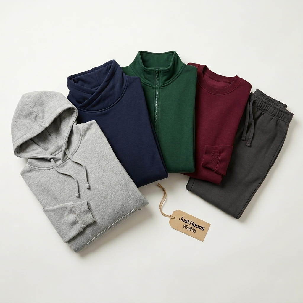 Just Hoods by AWDis 5-piece flat-lay — midweight college pullover hoodie, heavyweight cross-over-neck hoodie, college full-zip hoodie, college crewneck sweatshirt, and tapered jogger on a clean studio background