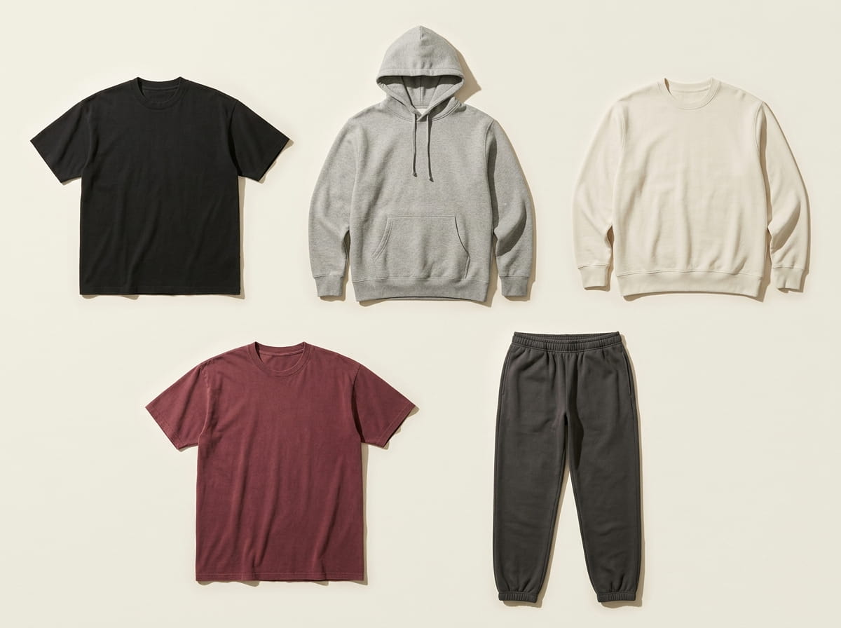 Lane Seven range — Heavyweight T-Shirt, Premium Pullover Hoodie, French Terry Crewneck, Vintage Garment-Dyed Tee, and Premium Jogger Pant in a 3-2 grid flat-lay