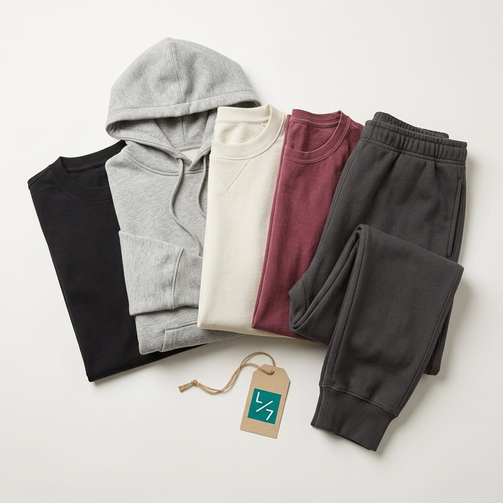 Lane Seven 5-piece flat-lay — heavyweight cotton tee, premium brushed-fleece pullover hoodie, loop-back French terry crewneck, garment-dyed vintage-wash tee, and premium fleece jogger on a clean studio background